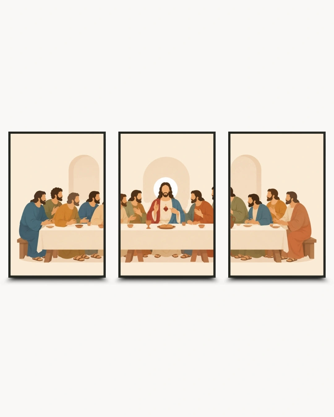 A three-panel framed wall art set depicting a stylized version of the Last Supper, shown against a plain light gray background.