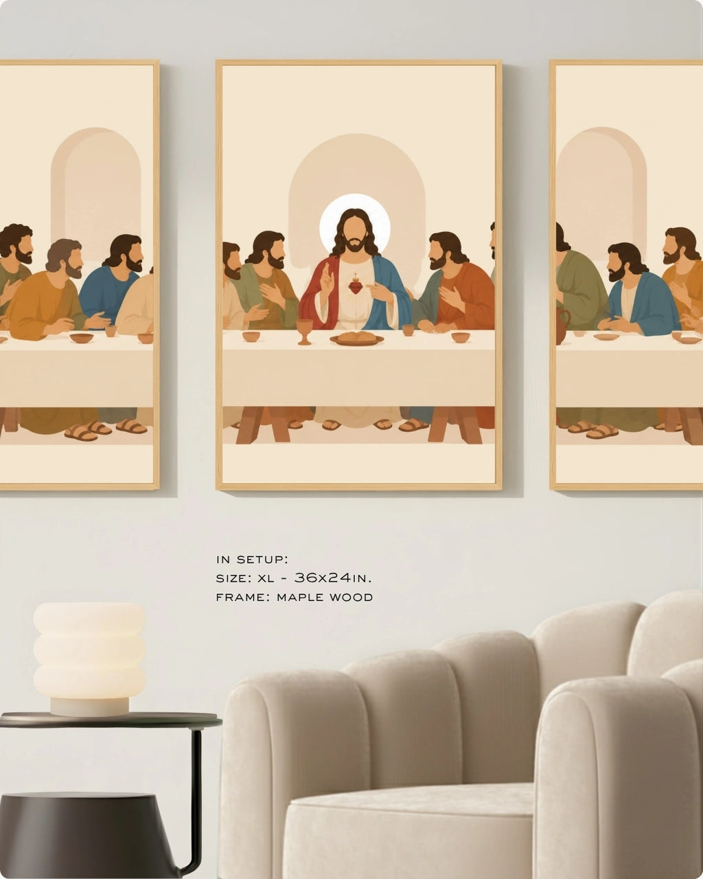 Three-panel framed wall art showing a stylized illustration of Jesus and the disciples at a table, displayed above a sofa in a living room setting. Text below reads: 'IN SETUP: SIZE: XL - 36x24in.