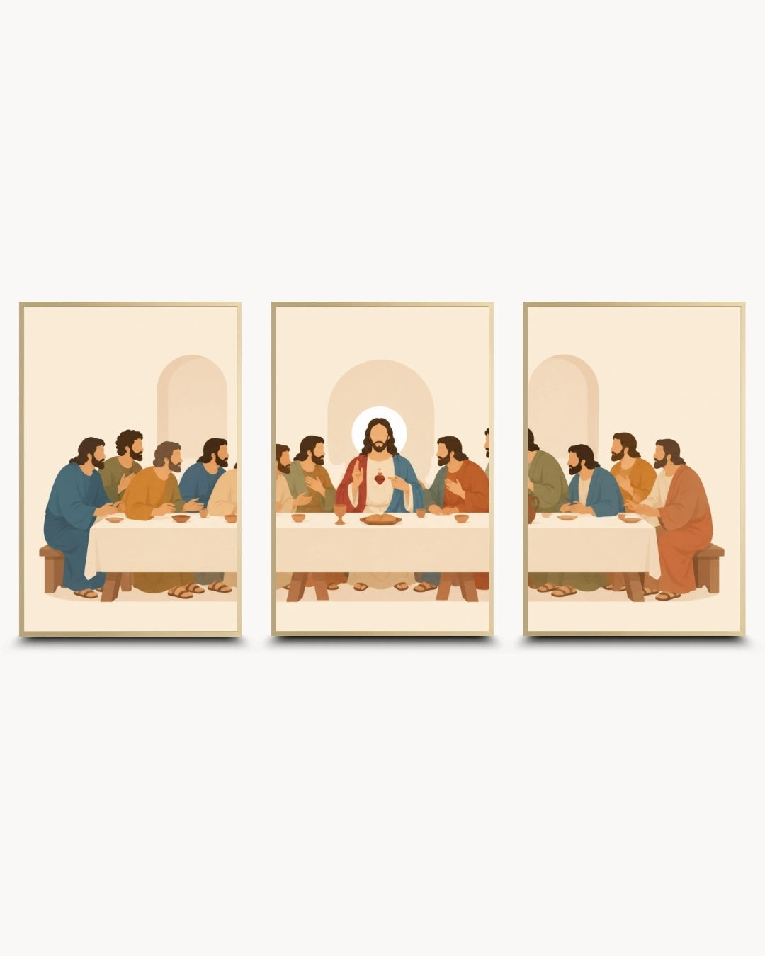 A three-panel framed wall art set depicting a stylized version of the Last Supper, shown against a plain light gray background.