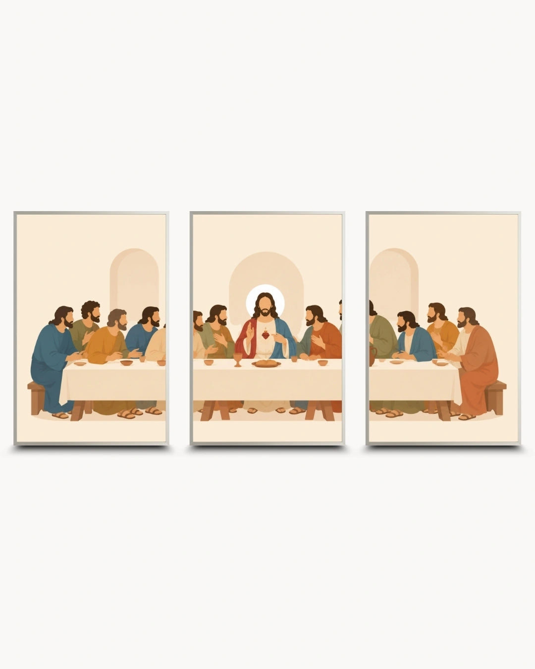 A three-panel framed wall art set depicting a stylized version of the Last Supper, shown against a light gray background.