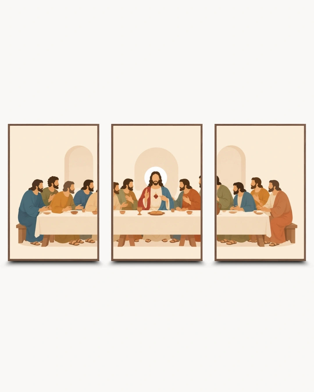 A three-panel framed wall art set depicting a stylized version of the Last Supper, shown against a plain light background.