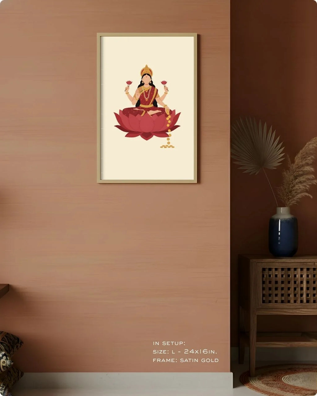 Large (Size L - 24x16in) Goddess Laxmi minimalist art in a Satin Gold frame, showing the ideal scale for standard living room walls.