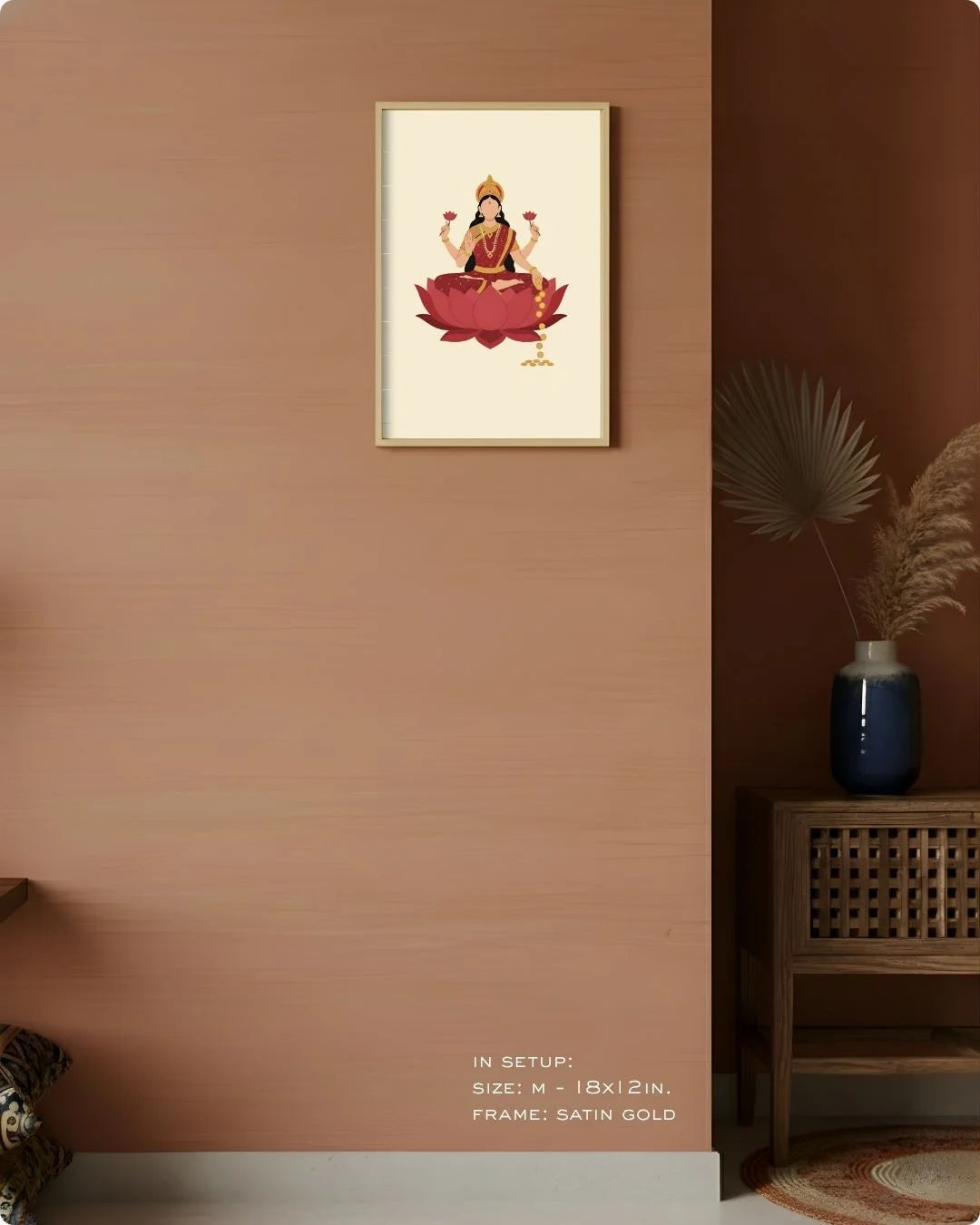 Medium (Size M - 18x12in) Laxmi divine print in a Satin Gold frame, perfectly scaled for a modern gallery wall or entryway.