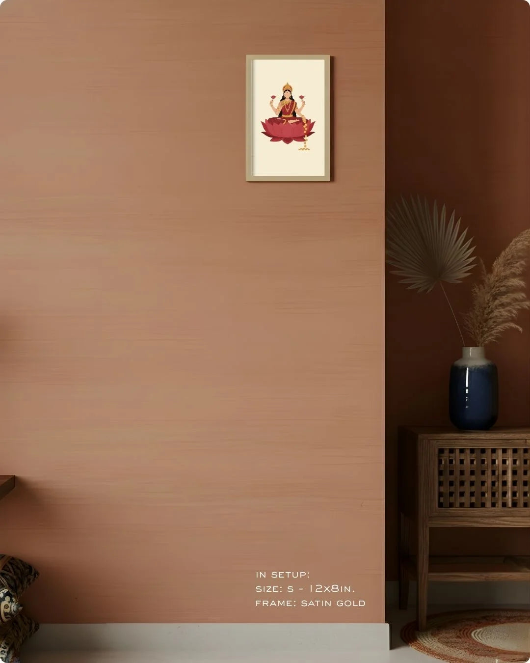 Small (Size S - 12x8in) Goddess Laxmi print in a Satin Gold frame. A refined spiritual accent for compact spaces or desk setups.