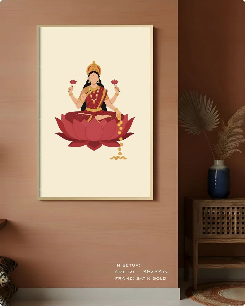 Extra Large (Size XL - 36x24in) Laxmi divine print in a Satin Gold frame, demonstrating a monumental statement wall scale on a terracotta wall.