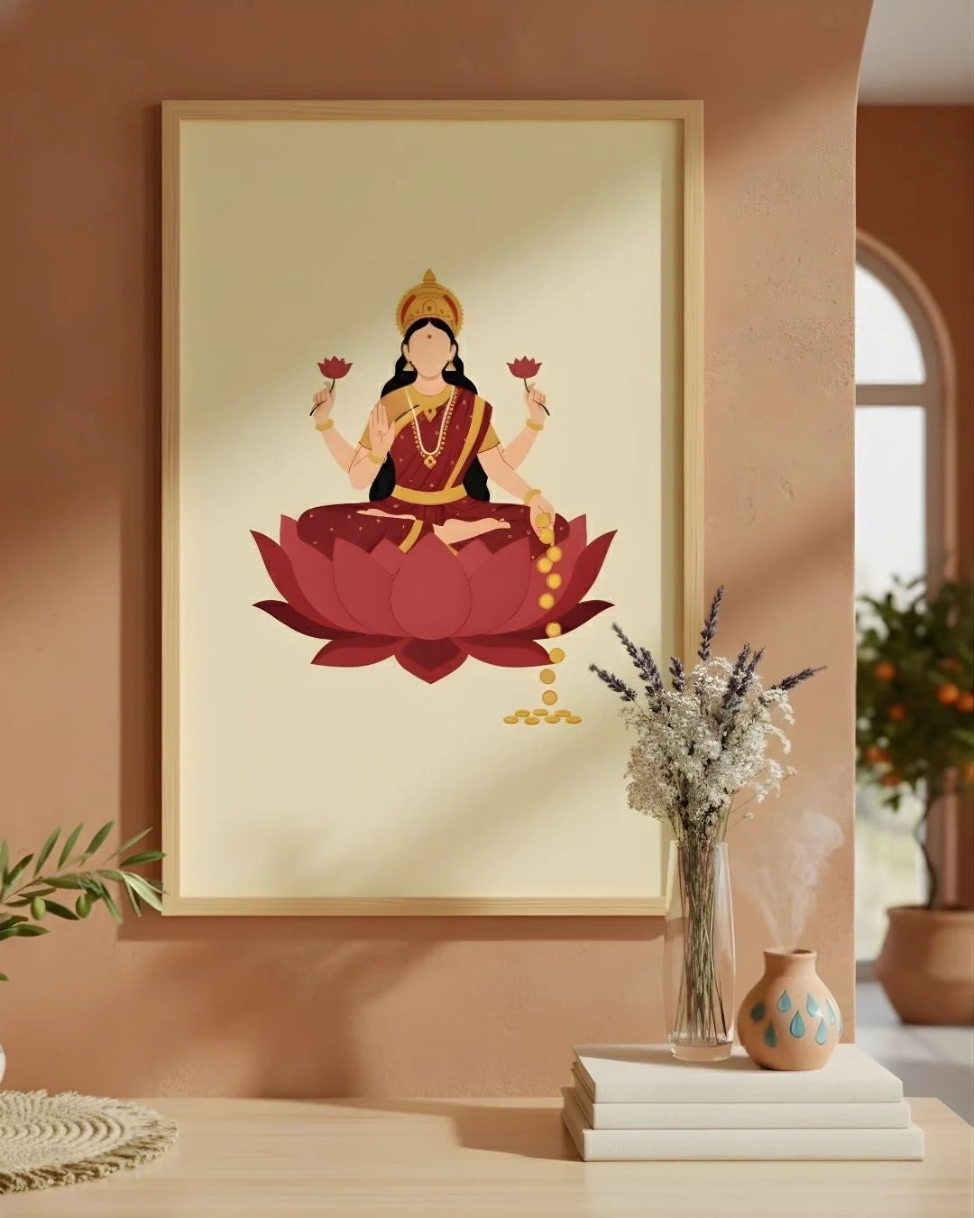 Goddess Laxmi minimalist print in a 0.5-inch Satin Gold frame, styled in a warm terracotta room with dried flowers and books.