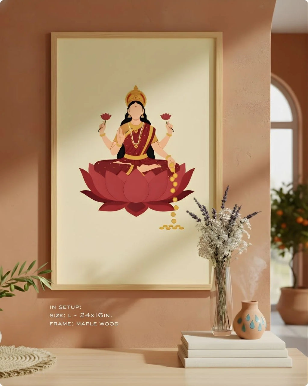 Close-up of the Laxmi divine illustration in a Satin Gold frame, showcasing the vibrant red lotus and golden details against an earthy neutral wall.