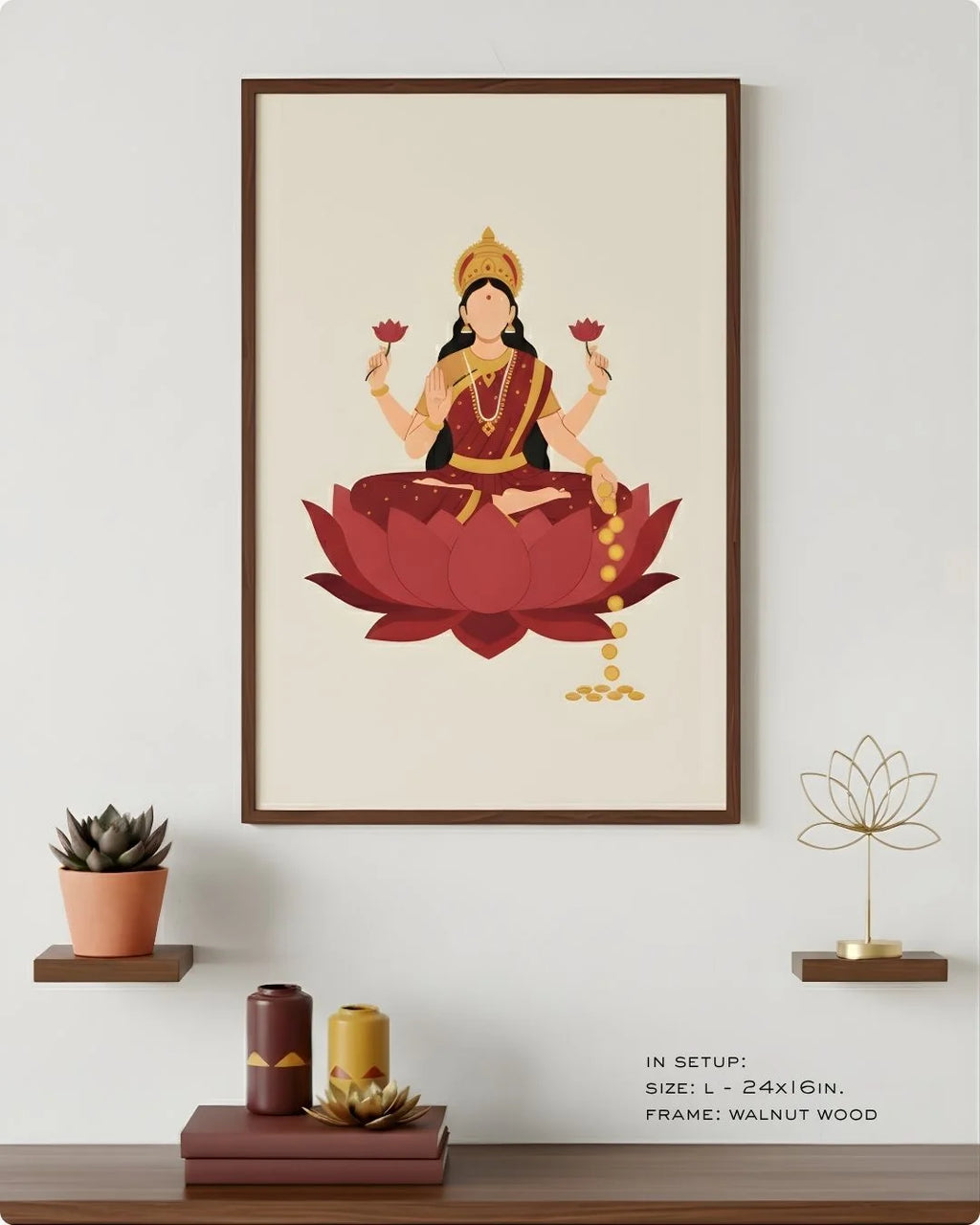 Goddess Laxmi flat art in a Walnut Wood frame, styled on a minimalist shelf with a succulent and gold lotus ornament.