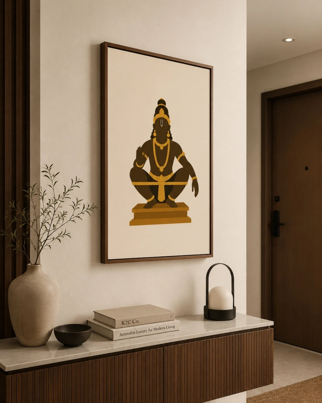 Lifestyle mockup of the minimalist Hindu deity Lord Venkateswara wall art in a rich walnut wood frame, styled above a rustic wooden bench with natural pottery in an arched hallway.