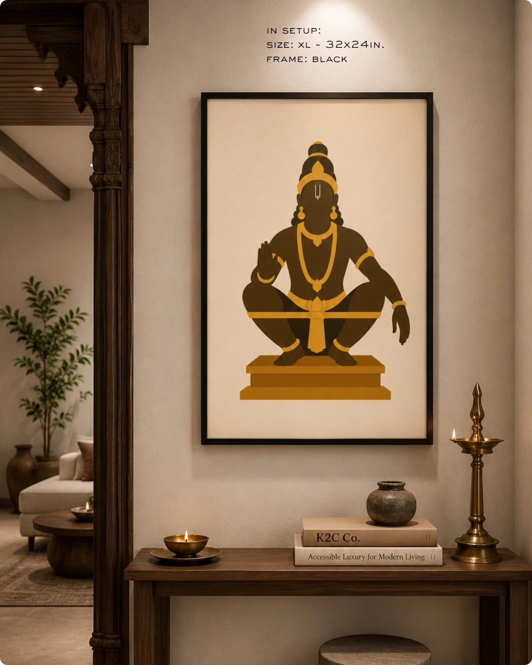 Lifestyle interior mockup of the Hindu deity Lord Ayyappa wall art in a sleek black frame, hung next to an ornate wooden doorway above a classic dark wood bench.