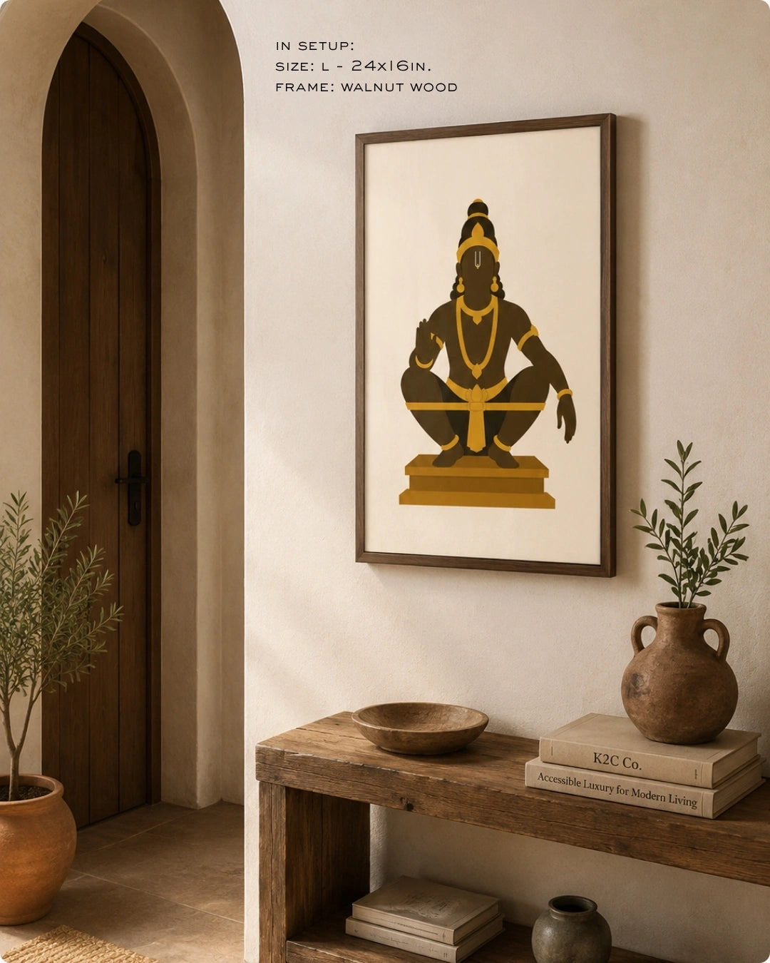 Lifestyle mockup of the minimalist Hindu deity Lord Ayyappa wall art in a rich walnut wood frame, styled above a rustic slatted wooden console with natural pottery.