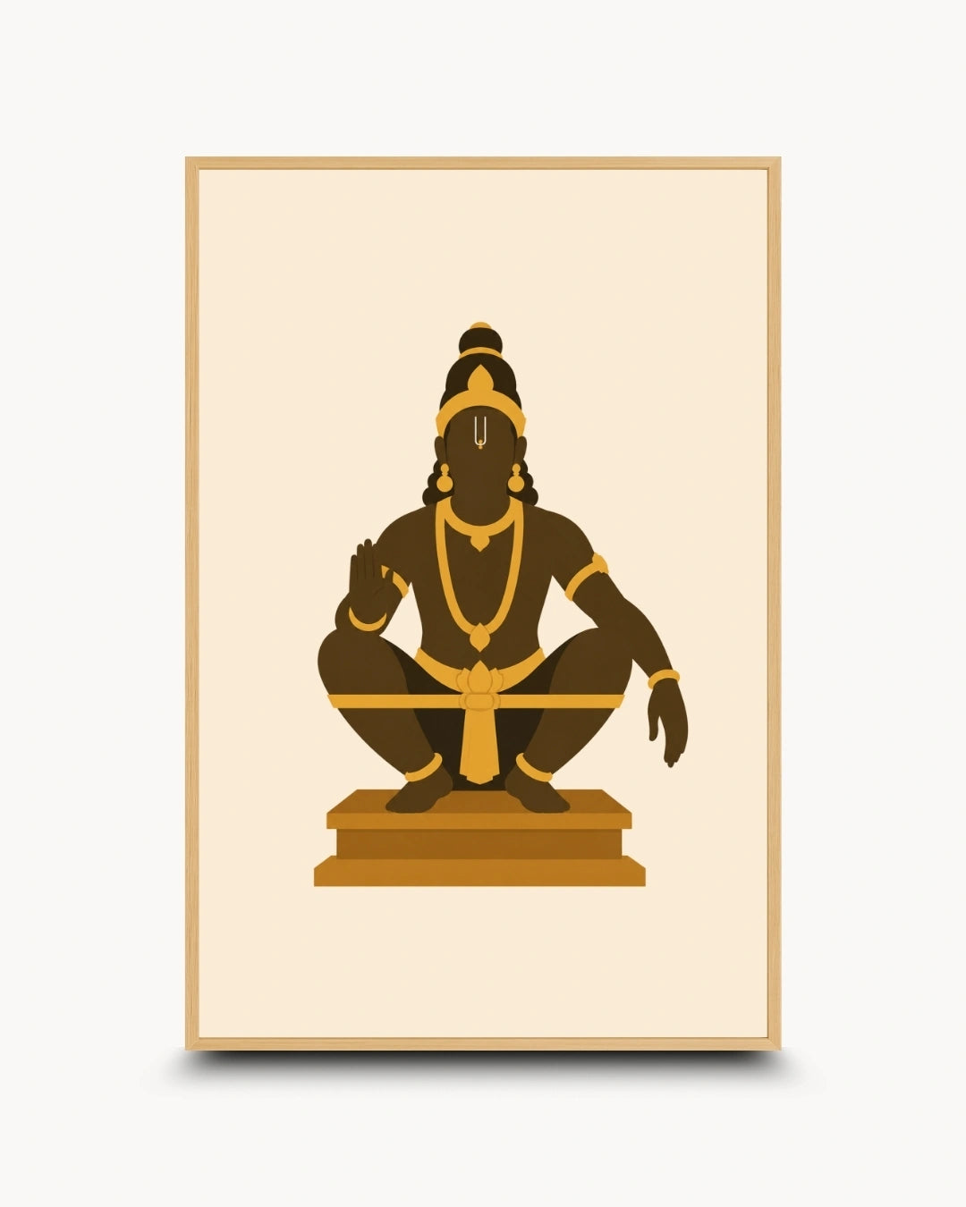 Minimalist illustration of the Hindu deity Lord Ayyappa in his yogic posture, presented as a modern wall art piece in a light maple wood frame.