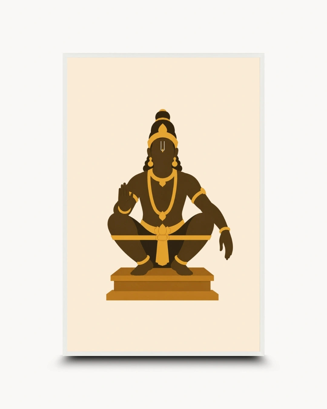 Minimalist illustration of the Hindu deity Lord Ayyappa in his yogic posture, presented as a modern wall art piece in a clean moon white frame.