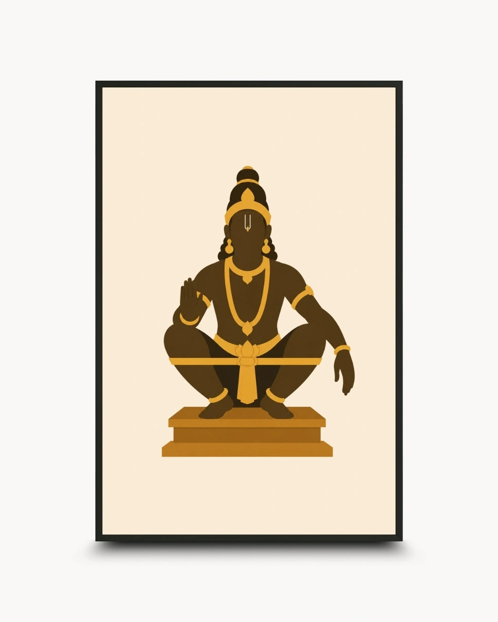 Minimalist illustration of the Hindu deity Lord Ayyappa in his yogic posture, presented as a modern wall art piece in a sleek noir black frame.