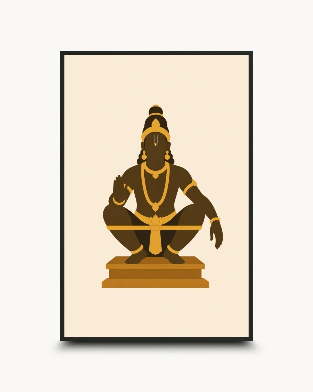 Minimalist illustration of the Hindu deity Lord Ayyappa in his yogic posture, presented as a modern wall art piece in a sleek noir black frame.