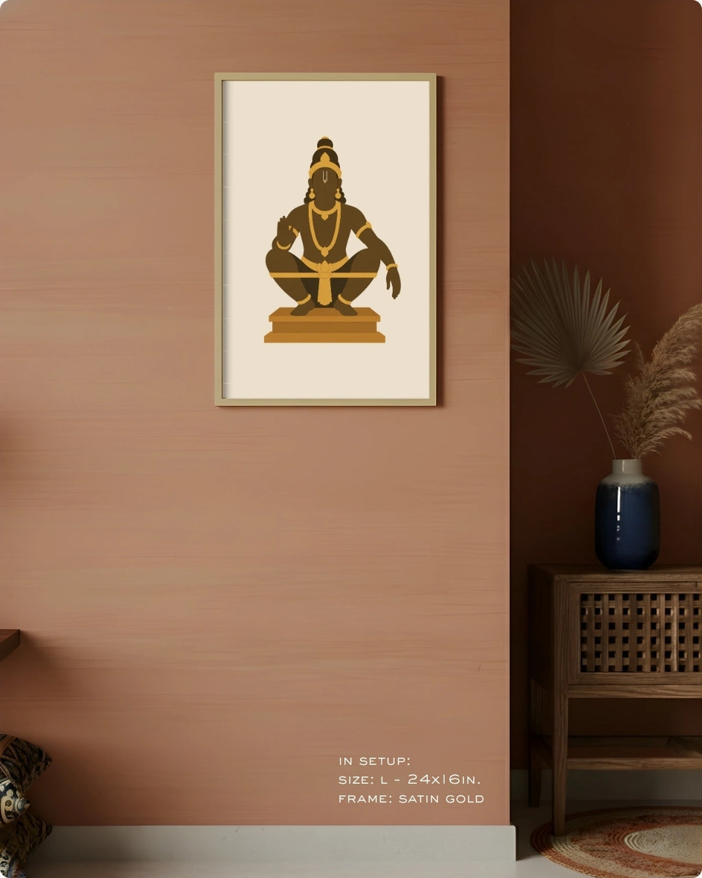 Visual size guide mockup for the Hindu deity Lord Ayyappa wall art in Large size with a satin gold frame, displayed against a warm terracotta accent wall.