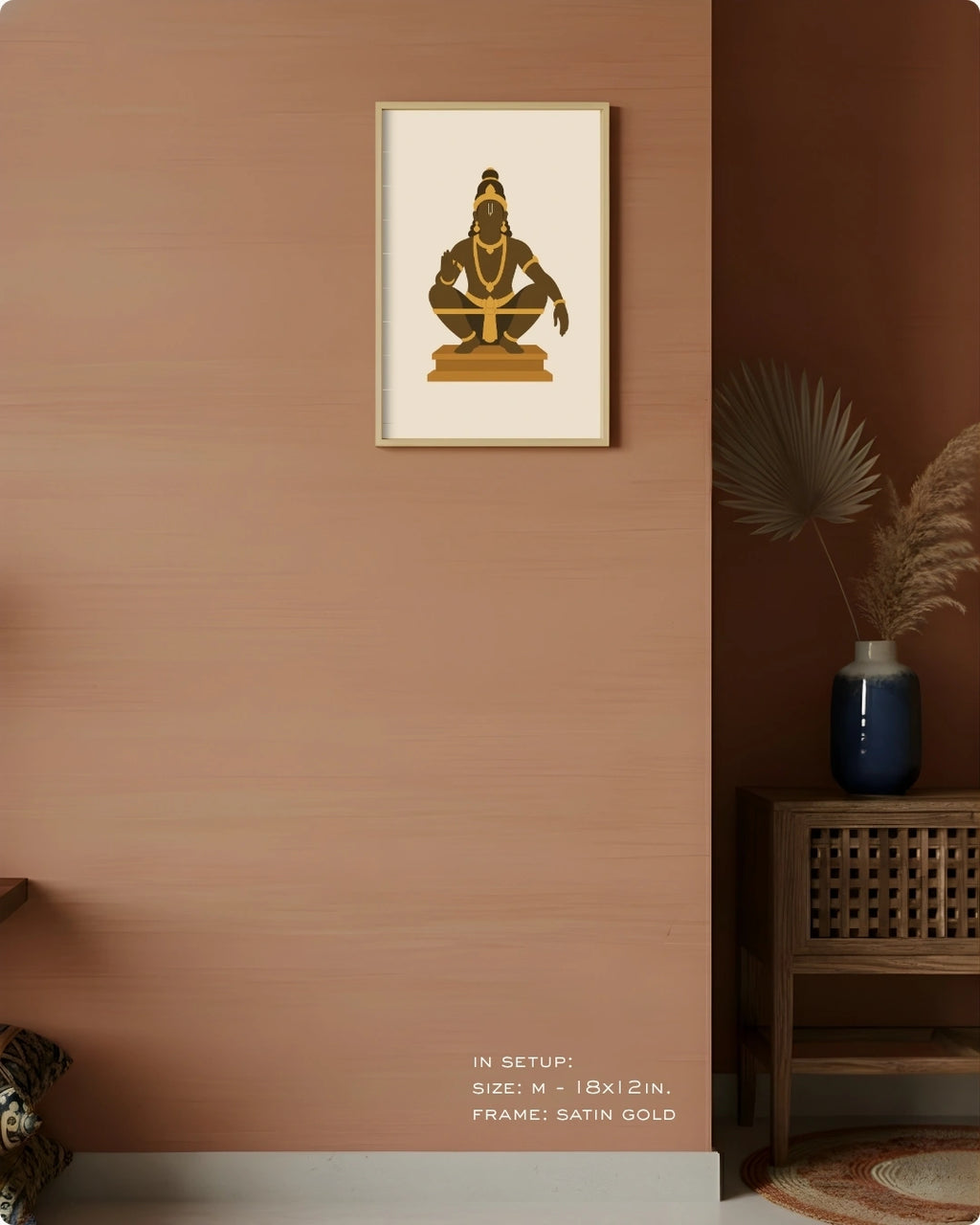 Visual size guide mockup for the Hindu deity Lord Ayyappa wall art in Medium size with a satin gold frame, displayed against a warm terracotta accent wall.