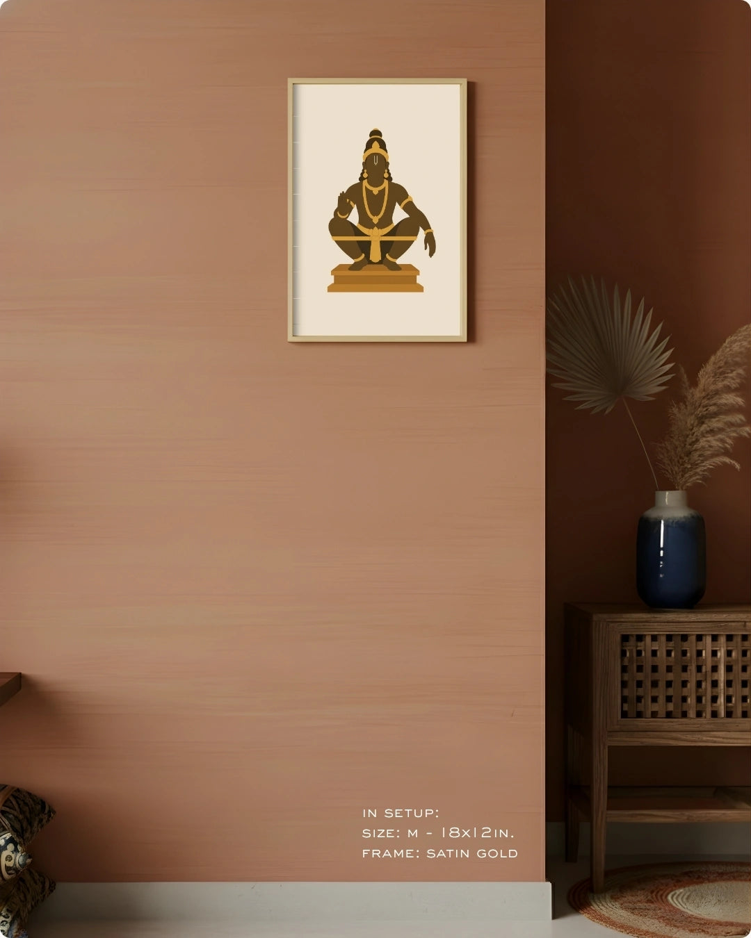 Visual size guide mockup for the Hindu deity Lord Ayyappa wall art in Medium size with a satin gold frame, displayed against a warm terracotta accent wall.