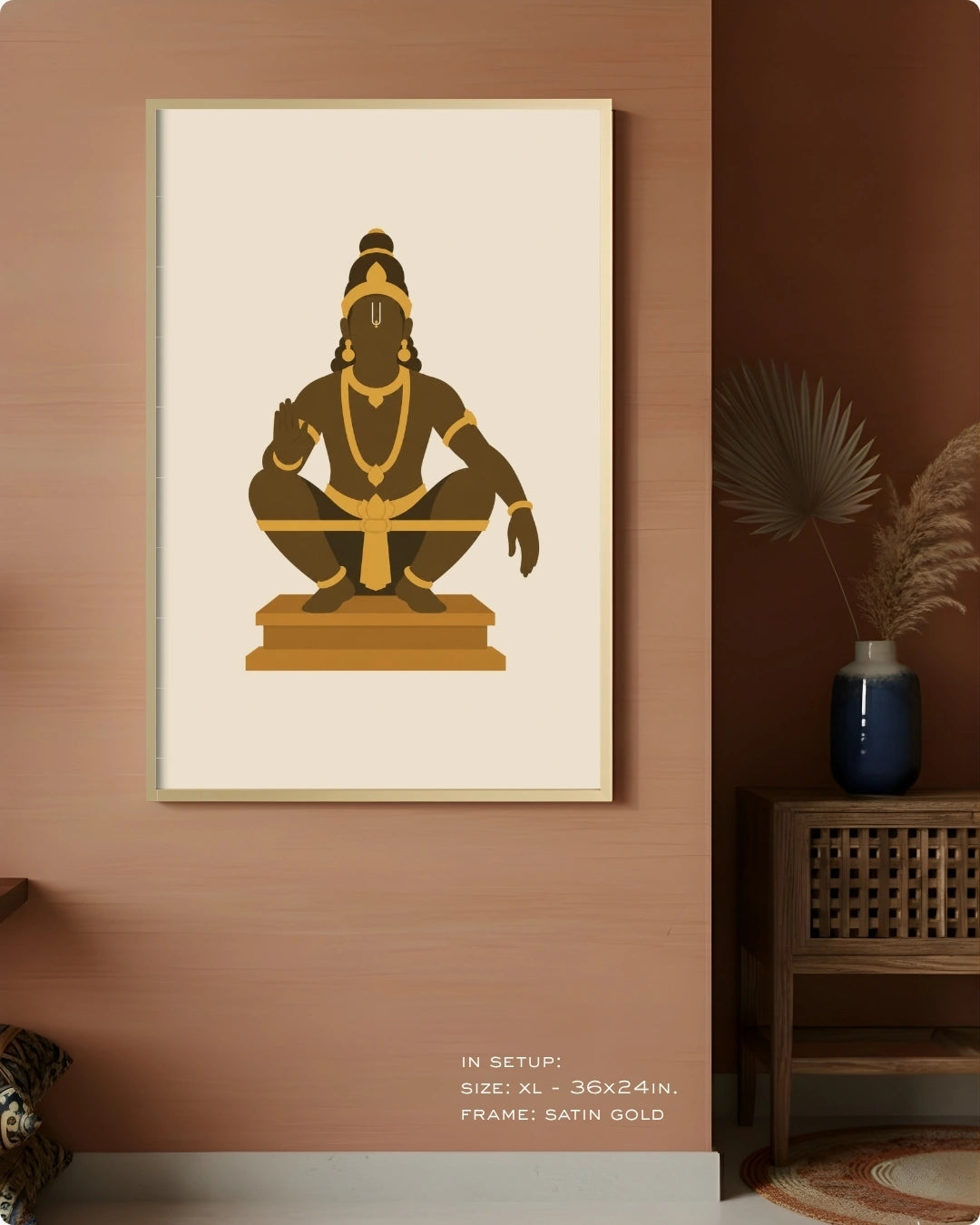 Visual size guide mockup for the Hindu deity Lord Ayyappa wall art in Extra Large size with a satin gold frame, displayed against a warm terracotta accent wall.