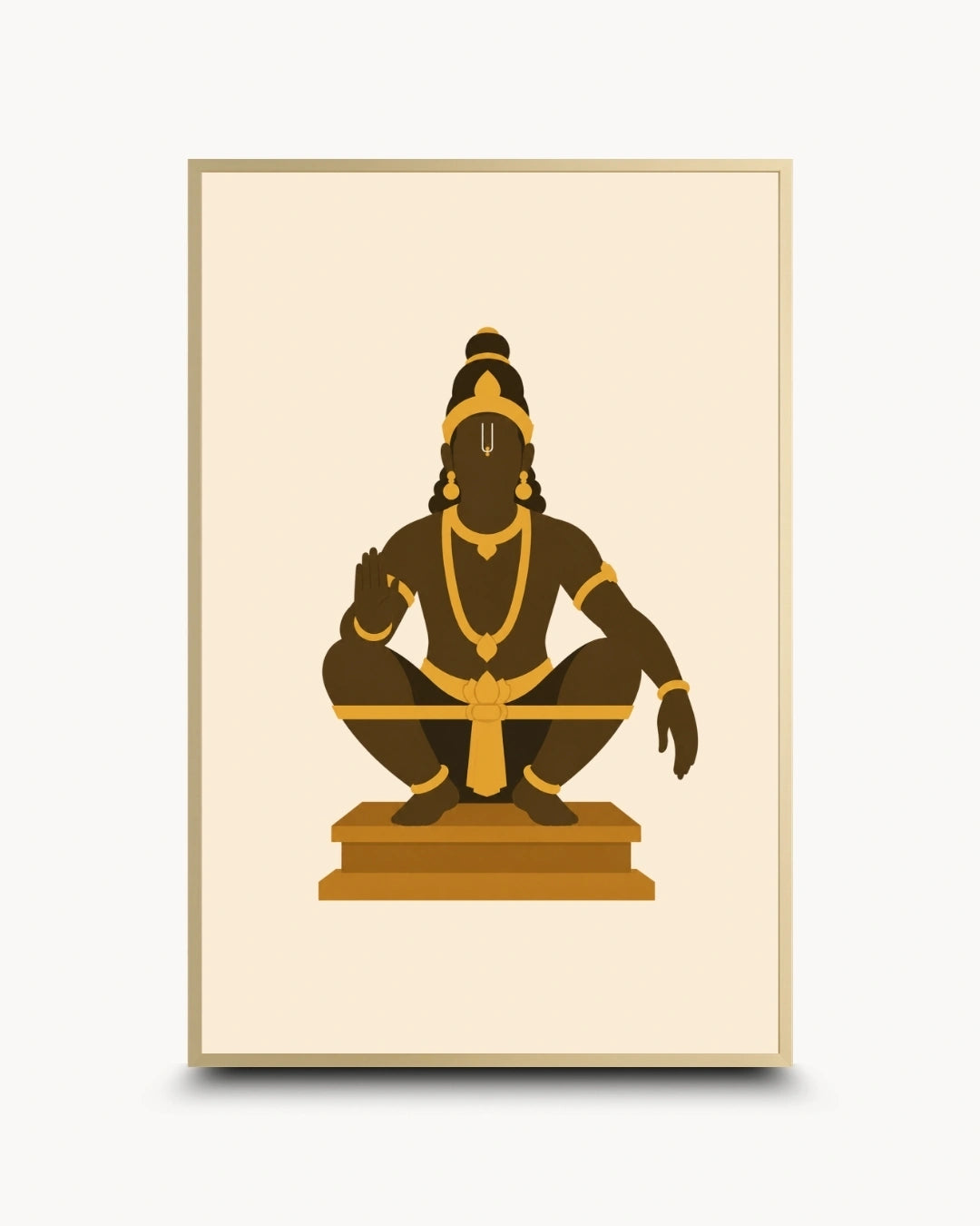Minimalist illustration of the Hindu deity Lord Ayyappa in his yogic posture, presented as a modern wall art piece in an elegant satin gold frame.