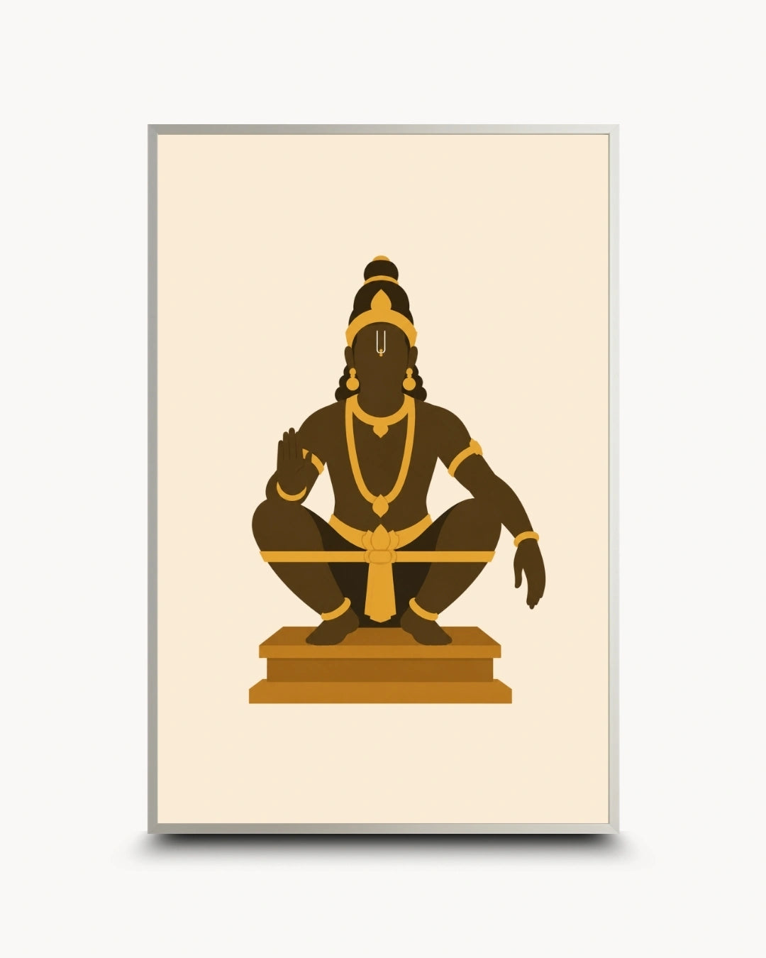 Minimalist illustration of the Hindu deity Lord Ayyappa in his yogic posture, presented as a modern wall art piece in a modern satin silver frame.