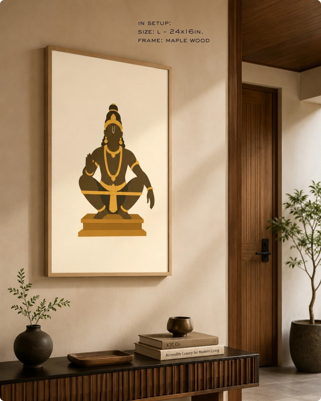 Lifestyle mockup of the minimalist Hindu deity Lord Ayyappa wall art in a maple wood frame, displayed over a clean wooden bench in a serene arched hallway.