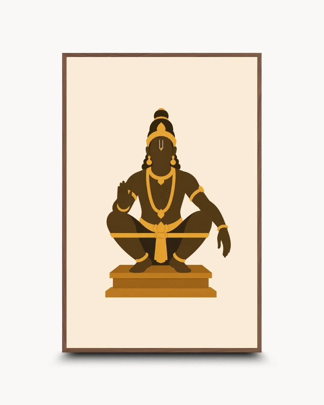 Minimalist illustration of the Hindu deity Lord Ayyappa in his yogic posture, presented as a modern wall art piece in a rich walnut wood frame.