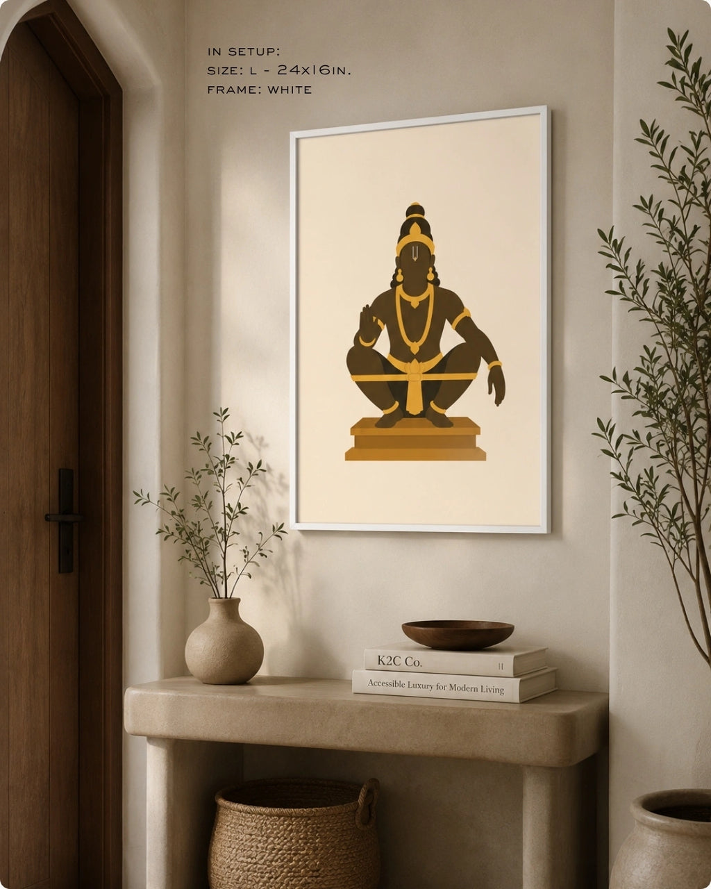 Lifestyle mockup of the minimalist Hindu deity Lord Ayyappa wall art in a clean white frame, styled above a modern curved minimalist console in a bright living space.