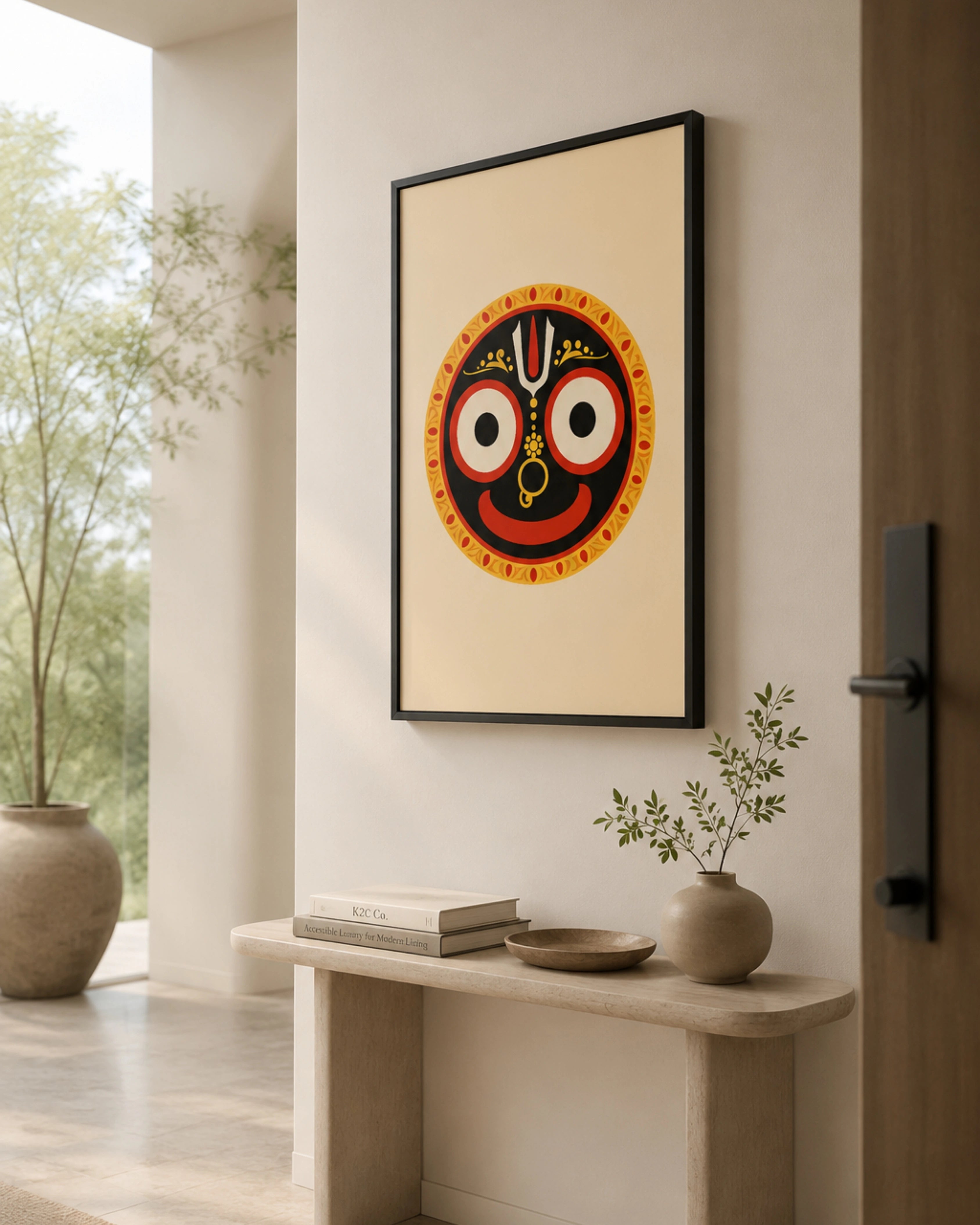 Lifestyle mockup of the minimalist Hindu deity Lord Jagannath wall art in a sleek black frame, hung above a clean, modern minimalist console near a sunlit doorway.