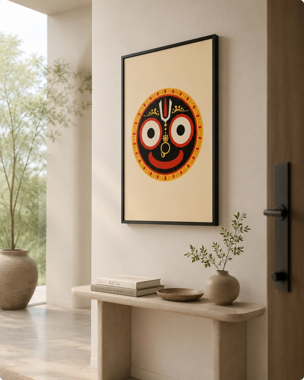 Lifestyle mockup of the minimalist Hindu deity Lord Jagannath wall art in a sleek black frame, hung above a clean, modern minimalist console near a sunlit doorway.