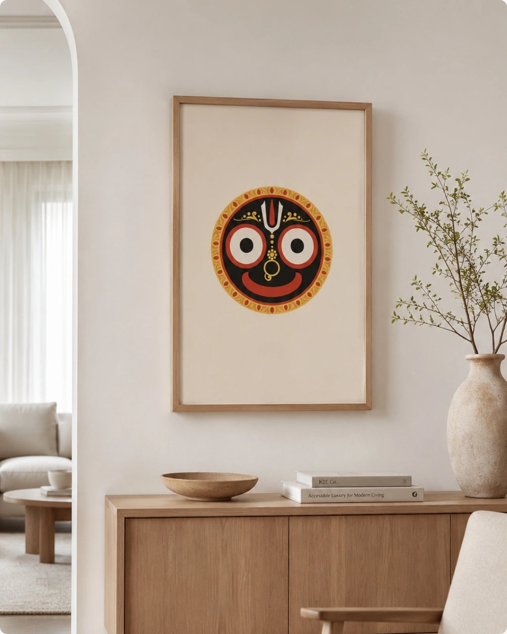 Lifestyle mockup of the minimalist Hindu deity Lord Jagannath wall art in a maple wood frame, displayed over a sleek light wood cabinet adorned with simple, elegant greenery.