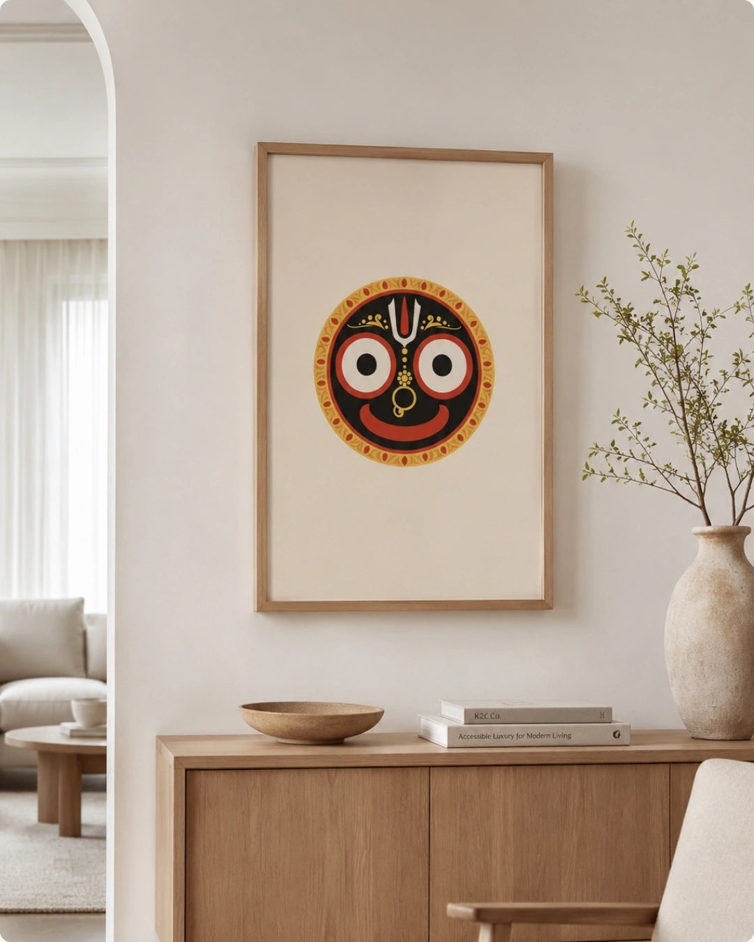 Lifestyle mockup of the minimalist Hindu deity Lord Jagannath wall art in a maple wood frame, displayed over a sleek light wood cabinet adorned with simple, elegant greenery.