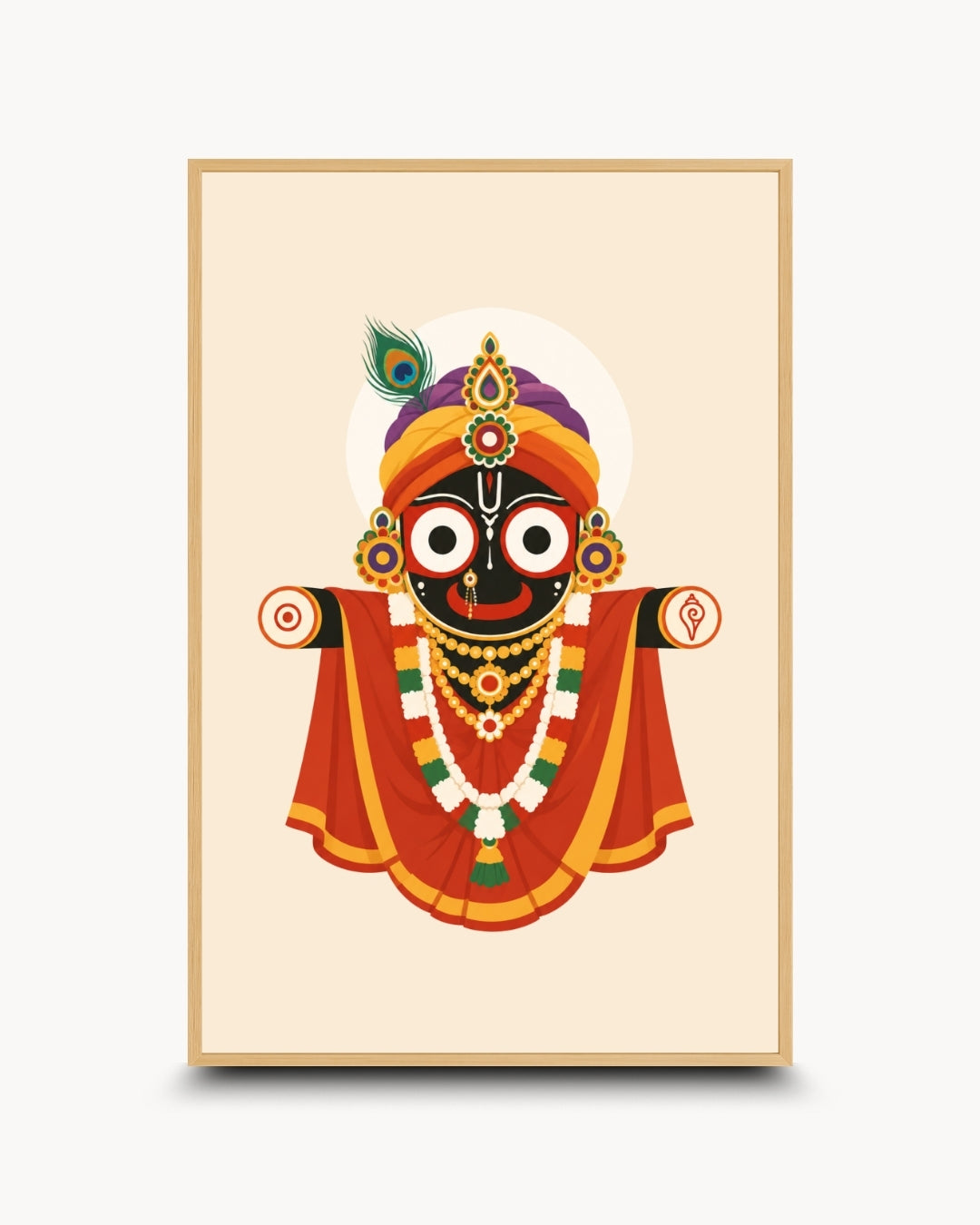 Minimalist illustration of the fully adorned Hindu deity Lord Jagannath, presented as a modern wall art piece in a light maple wood frame.