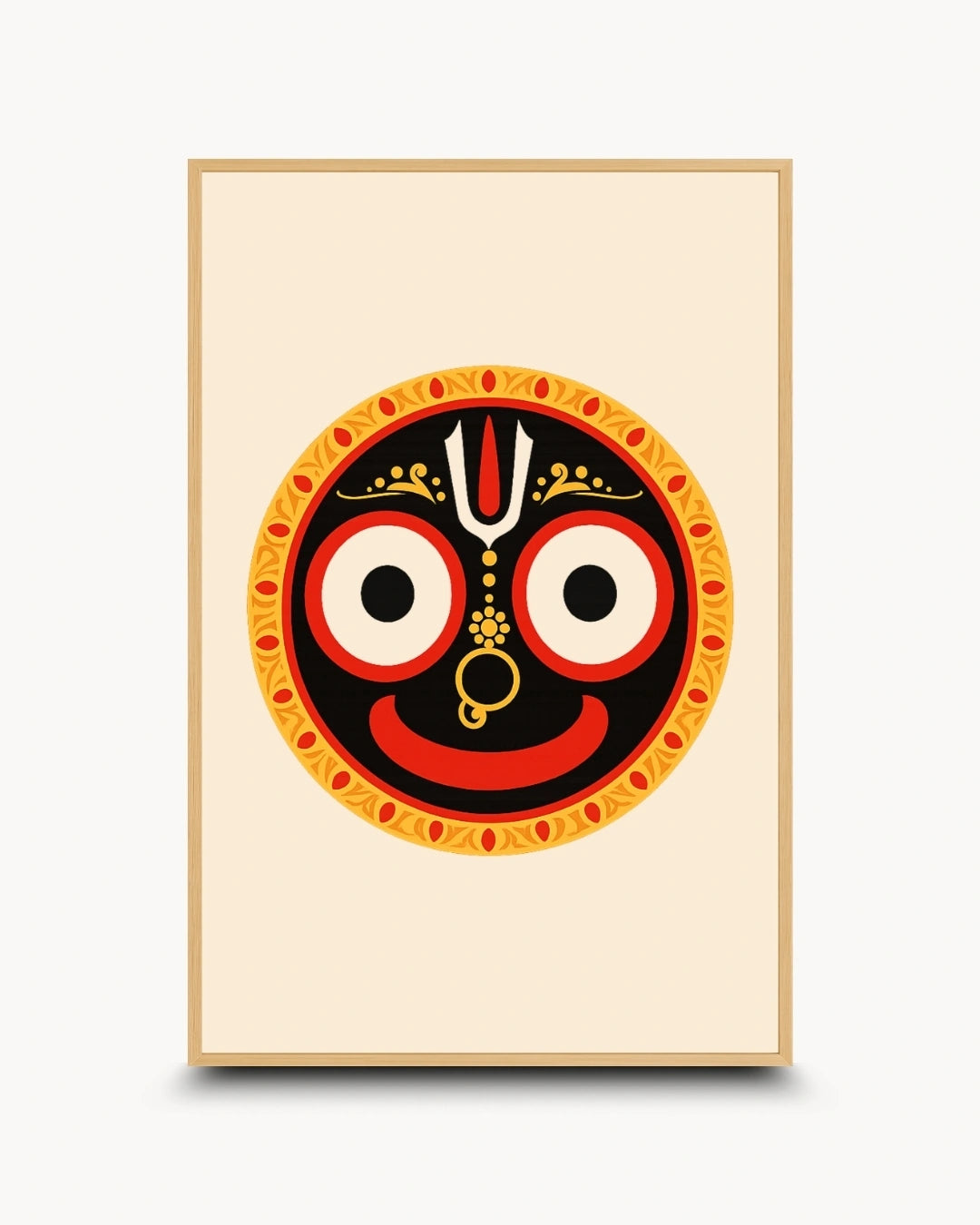 Minimalist illustration of the Hindu deity Lord Jagannath, presented as a modern wall art piece in a light maple wood frame.