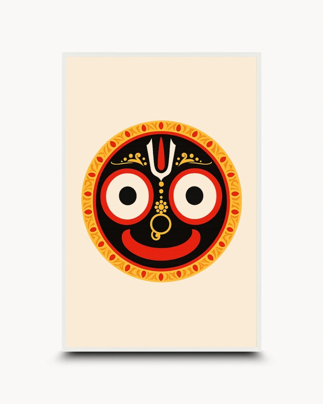 Minimalist illustration of the Hindu deity Lord Jagannath, presented as a modern wall art piece in a clean moon white frame.