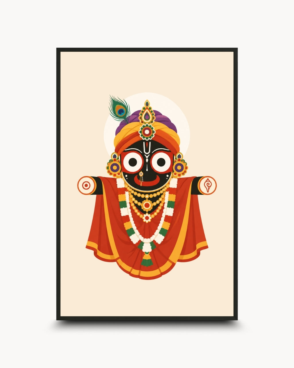 Minimalist illustration of the fully adorned Hindu deity Lord Jagannath, presented as a modern wall art piece in a sleek noir black frame.