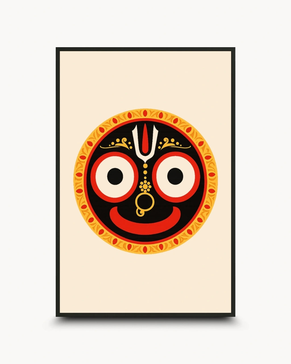 Minimalist illustration of the Hindu deity Lord Jagannath, presented as a modern wall art piece in a sleek noir black frame.