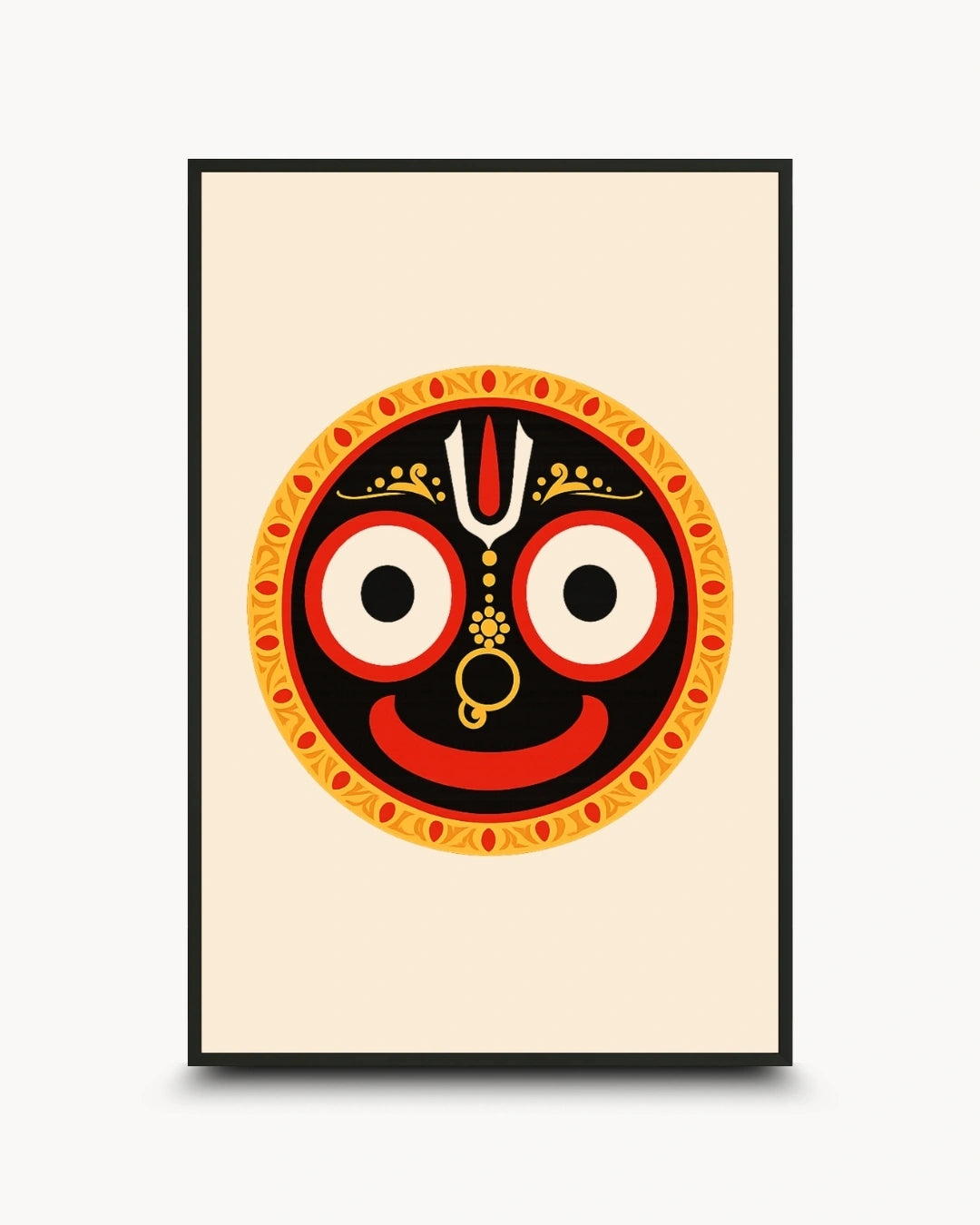 Minimalist illustration of the Hindu deity Lord Jagannath, presented as a modern wall art piece in a sleek noir black frame.