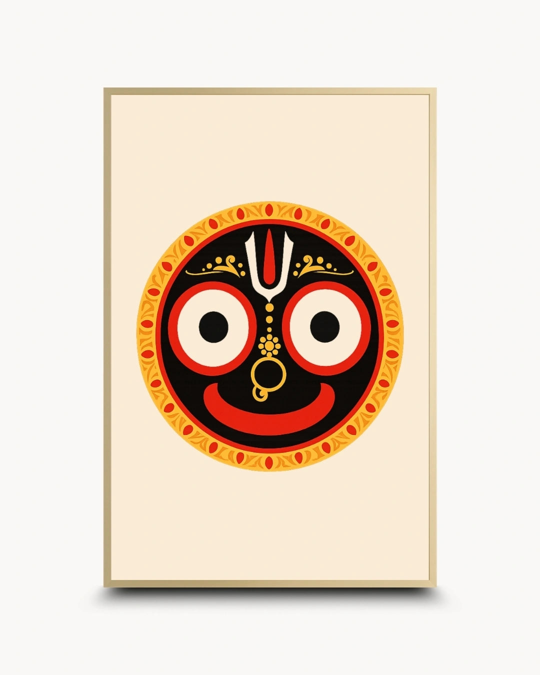 Minimalist illustration of the Hindu deity Lord Jagannath, presented as a modern wall art piece in an elegant satin gold frame.