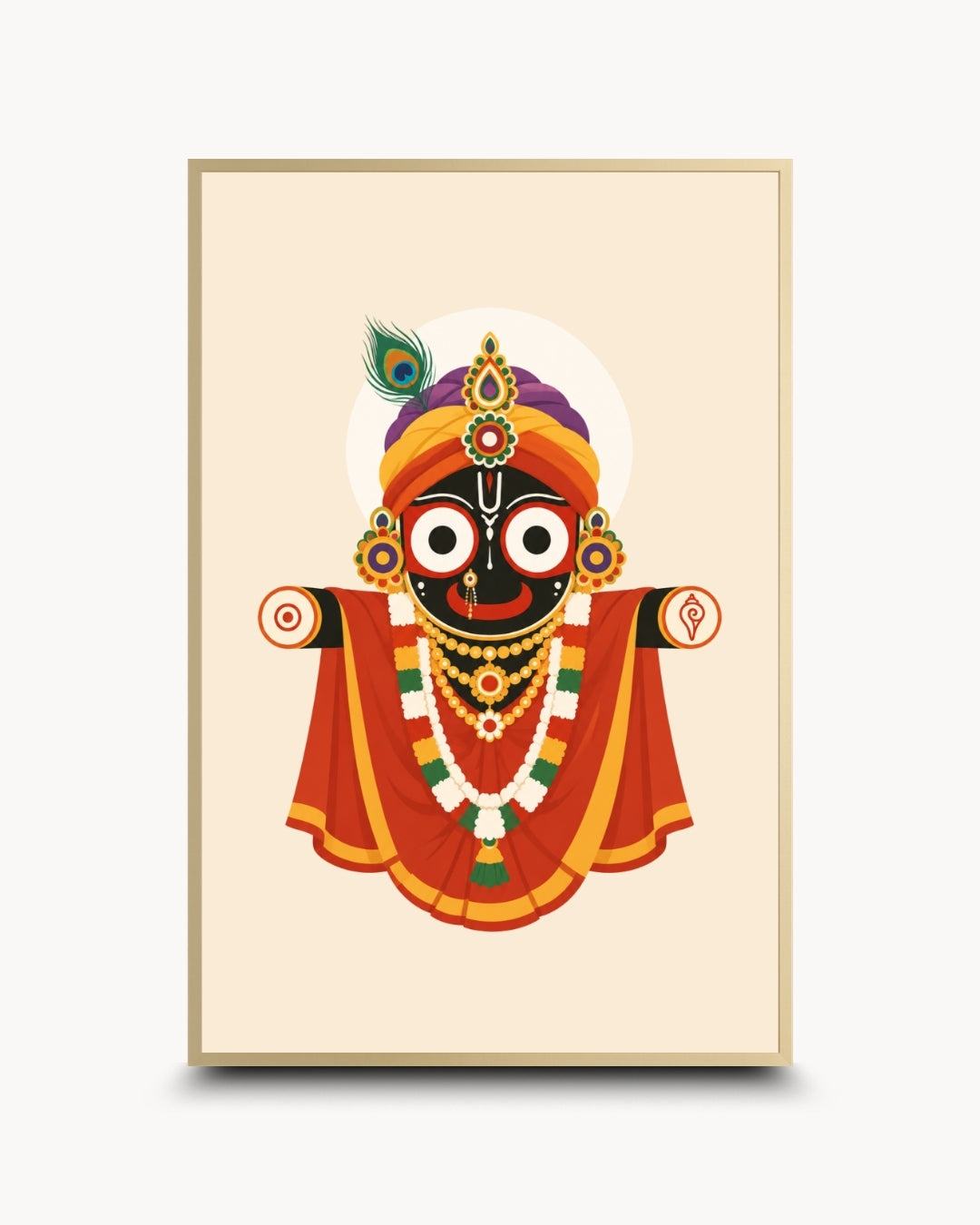 Minimalist illustration of the fully adorned Hindu deity Lord Jagannath, presented as a modern wall art piece in an elegant satin gold frame.
