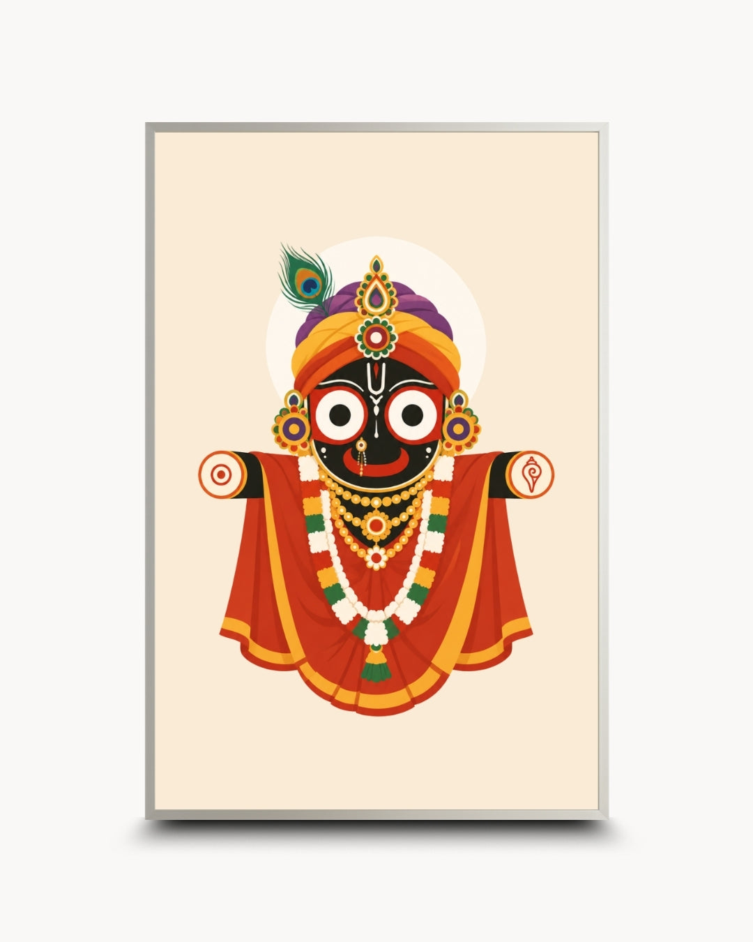 Minimalist illustration of the fully adorned Hindu deity Lord Jagannath, presented as a modern wall art piece in a modern satin silver frame.