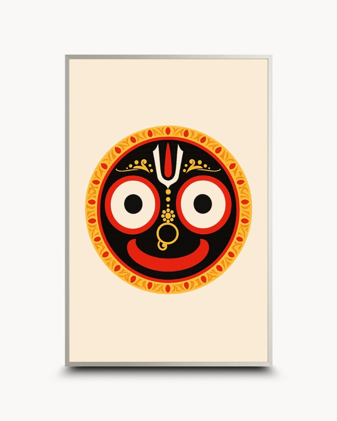 Minimalist illustration of the Hindu deity Lord Jagannath, presented as a modern wall art piece in a modern satin silver frame.