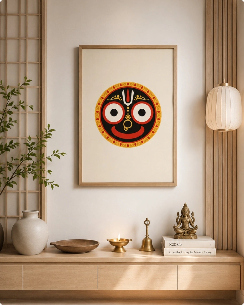 Lifestyle mockup of the minimalist Hindu deity Lord Jagannath wall art in a rich walnut wood frame, styled above a floating wooden console alongside a paper lantern and brass decor in a serene Japandi-inspired space.