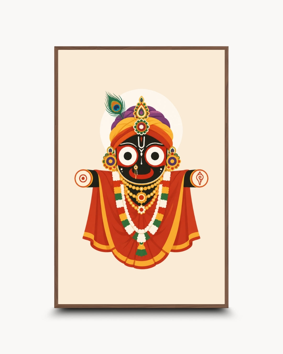 Minimalist illustration of the fully adorned Hindu deity Lord Jagannath, presented as a modern wall art piece in a rich walnut wood frame.