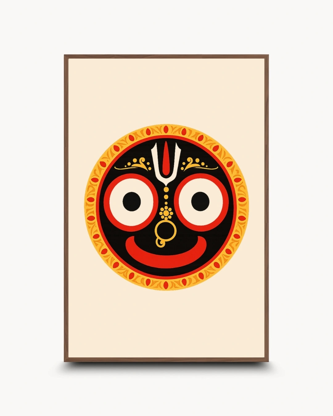 Minimalist illustration of the Hindu deity Lord Jagannath, presented as a modern wall art piece in a rich walnut wood frame.