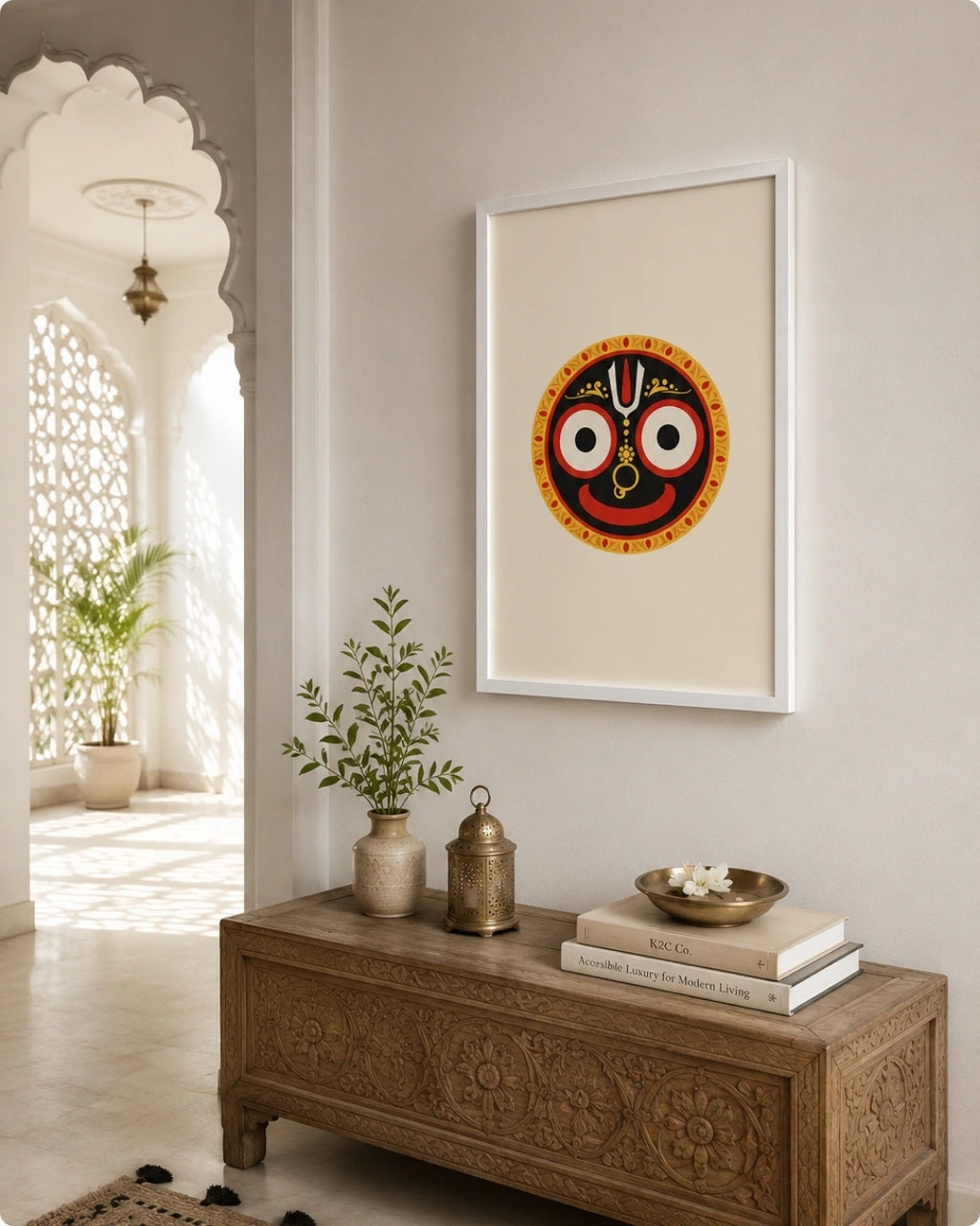 Lifestyle interior mockup of the Hindu deity Lord Jagannath wall art in a clean white frame, styled above a beautifully carved traditional wooden chest in an arched hallway.