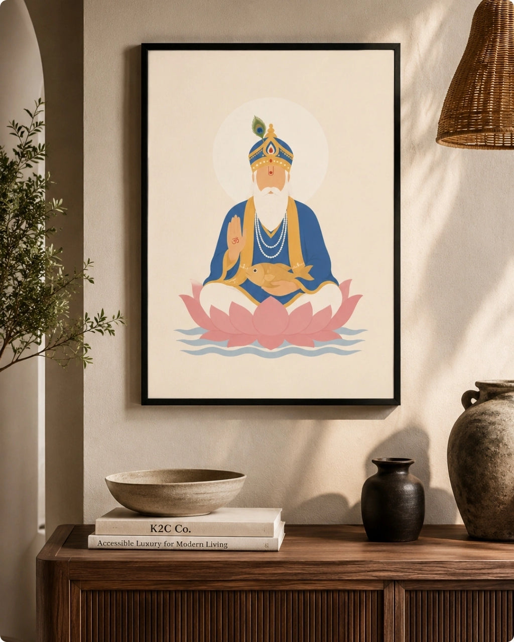 Lifestyle mockup of the Lord Jhulelal wall art in a sleek black frame styled above a dark rustic wooden console with woven textures.