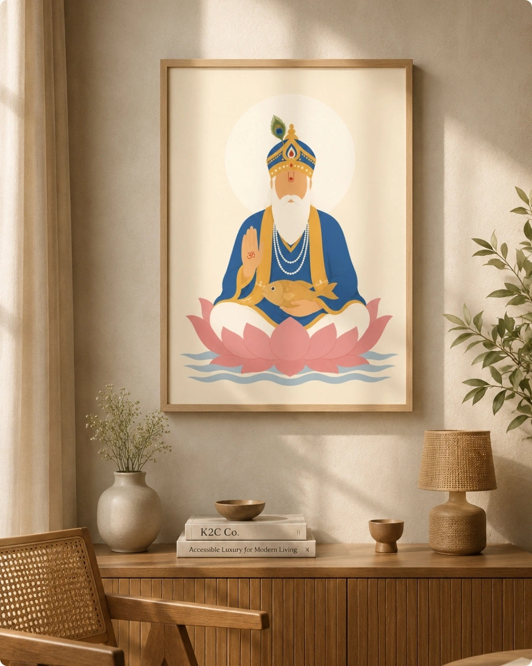 Lifestyle mockup of the Lord Jhulelal wall art in a light maple wood frame displayed next to a woven rattan chair above a warm wooden cabinet.