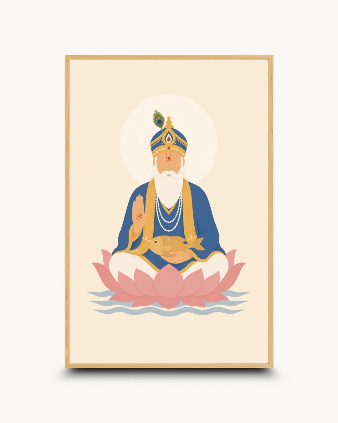 Minimalist illustration of Lord Jhulelal seated peacefully on a lotus presented as a modern wall art piece in a light maple wood frame.