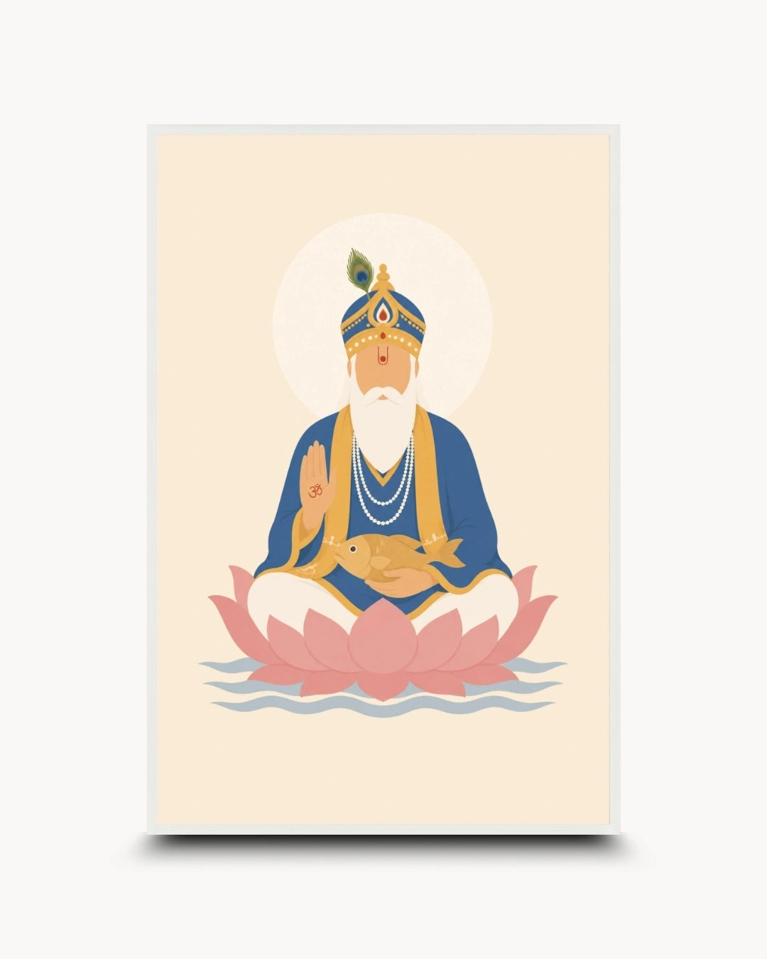 Minimalist illustration of Lord Jhulelal seated peacefully on a lotus presented as a modern wall art piece in a clean moon white frame.